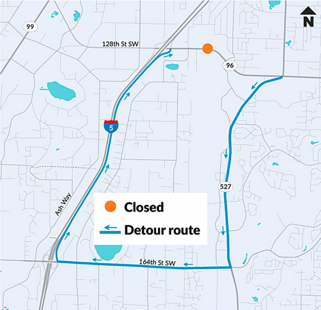 Travelers will need to follow a detour to reach the other side of a road closure on 128th Street SE and Highway 96 just west of Dumas Road and Elgin Way near McCollum Pioneer Park. (Washington State Department of Transportation)
