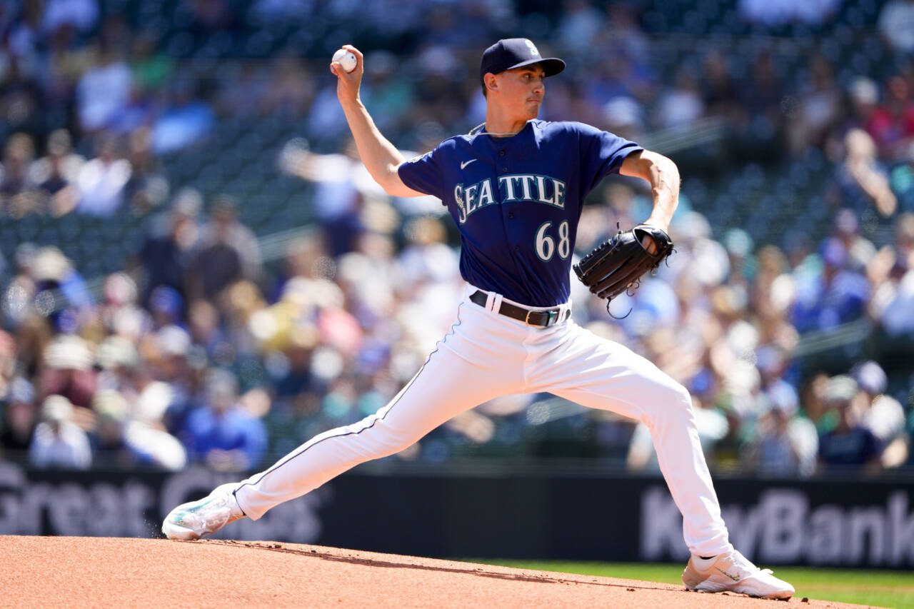 Seattle Mariners starting pitcher George Kirby throws against the Minnesota Twins during Thursday’s game in Seattle. (AP Photo/Lindsey Wasson)