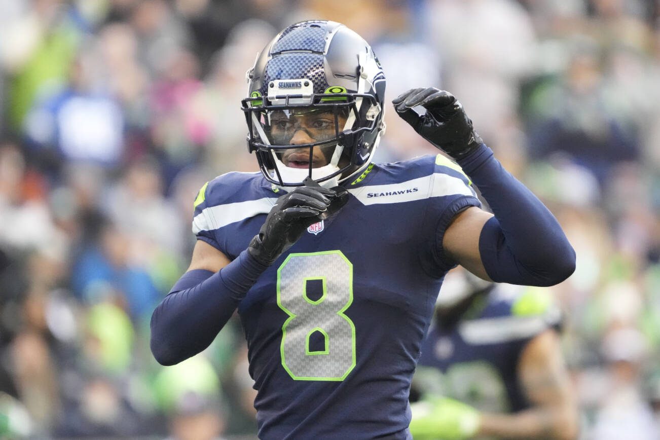 Seattle Seahawks cornerback Coby Bryant (8) against the New York Jets during an NFL football game, Sunday, Jan. 1, 2023, in Seattle. (AP Photo/Ted S. Warren)