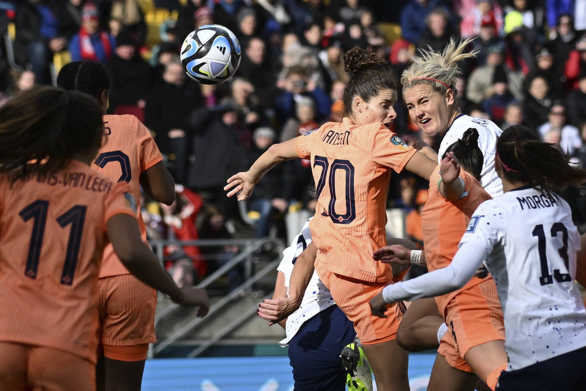 The United States’ Lindsey Horan (top right) heads the ball to score a goal during a Women’s World Cup match against the Netherlands on Thursday in Wellington, New Zealand. (AP Photo/Andrew Cornaga)