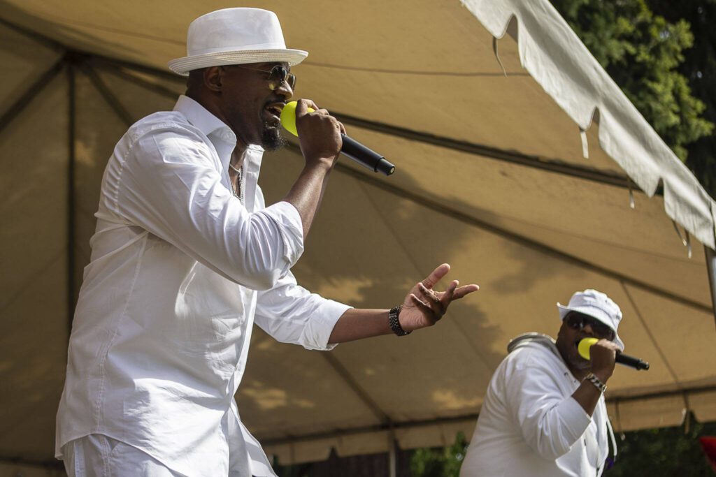 Willie Will and Jazz Digga perform during the Nubian Jam at Forest Park in Everett, Washington on Saturday, July 29, 2023. (Annie Barker / The Herald)
