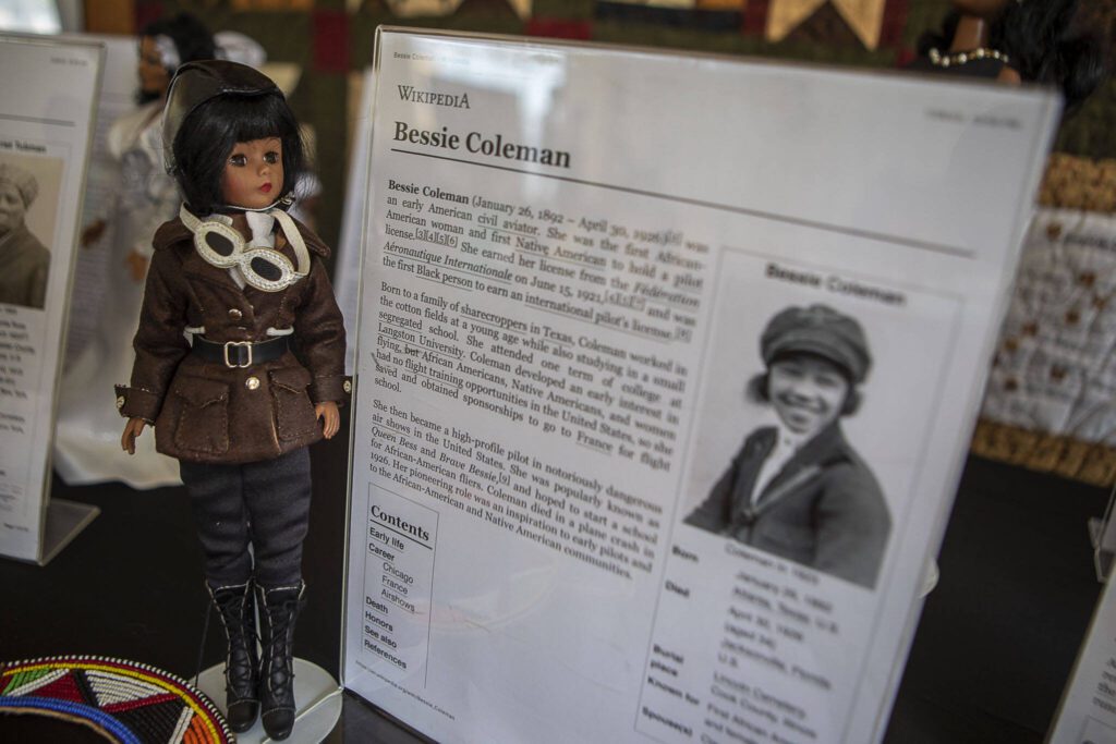 A figure of Bessie Coleman is displayed along with other influential African American women during the Nubian Jam at Forest Park in Everett, Washington on Saturday, July 29, 2023. (Annie Barker / The Herald)

