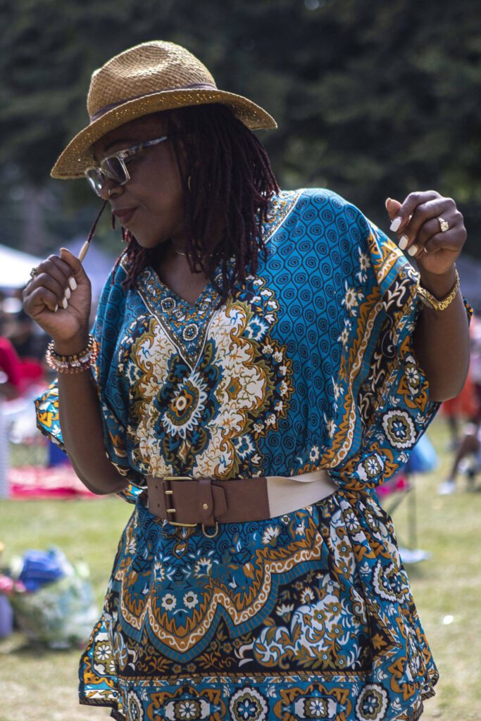 Charlene Armstrong dances during the Nubian Jam at Forest Park in Everett, Washington on Saturday, July 29, 2023. (Annie Barker / The Herald)
