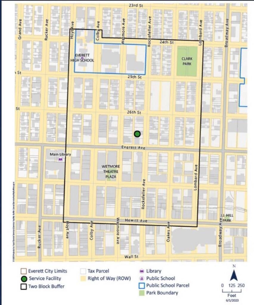 The new “no sit, no lie” buffer zone in Everett’s downtown is roughly 68 acres. (Photo provided by Safe Community Council Committee)
