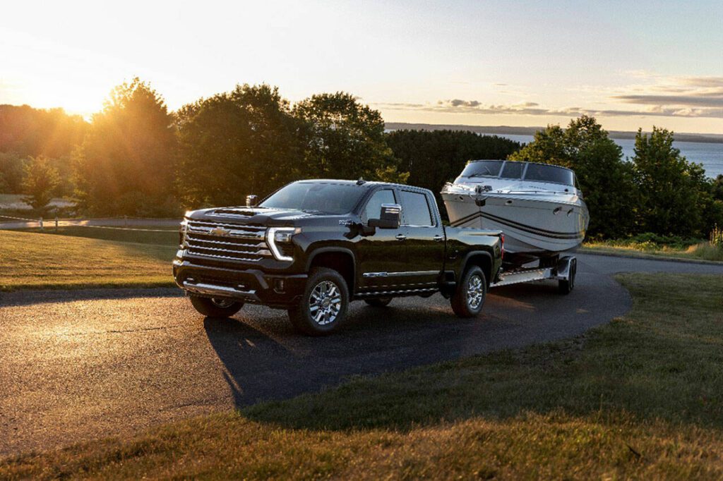When equipped with a Duramax turbo-diesel V8 engine, the 2024 Chevrolet Silverado can tow up to 22,500 pounds. The High Country model is shown here. (Chevrolet)
