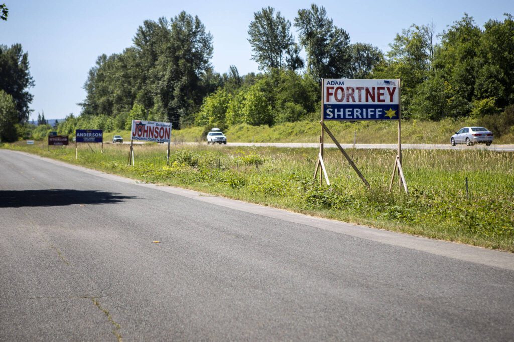 Political campaign signs posted for Adam Fortney, Susanna Johnson and others in Snohomish, Washington on Monday, July 3, 2023. (Annie Barker / The Herald)
