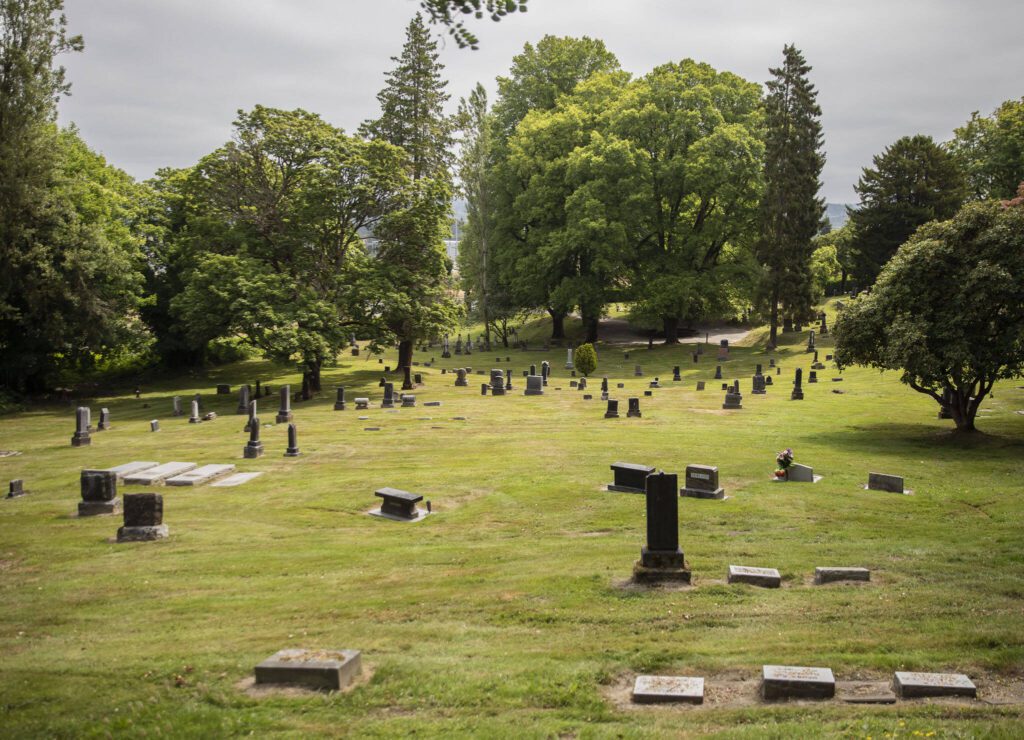 A scene from the 1995 film “Assassins” was filmed at Evergreen Cemetery in Everett. (Olivia Vanni / The Herald)
