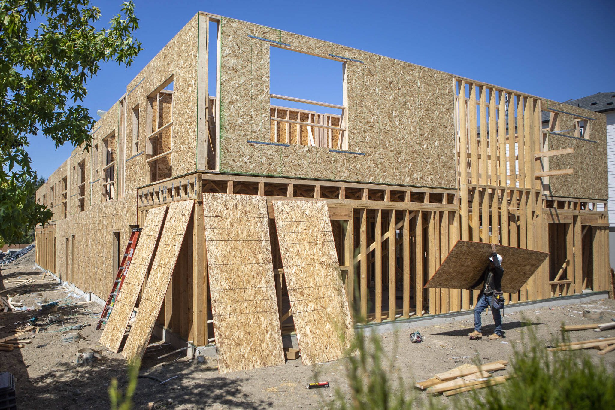 Construction on new homes at 19th Ave. SE in Everett, Washington on Thursday, July 27, 2023. (Annie Barker / The Herald)