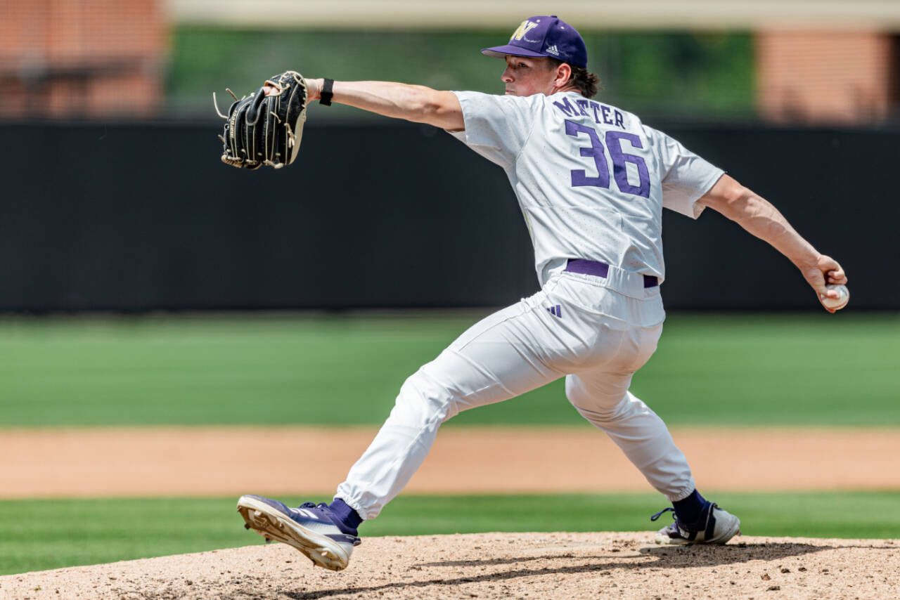 Case Matter, a Jackson High School graduate, pitches for the Washington Huskies during an NCAA Tournament regionals game against Dallas Baptist in on June 4, 2023, in Stillwater, OK. (Bruce Waterfield / Oklahoma State University Athletics)