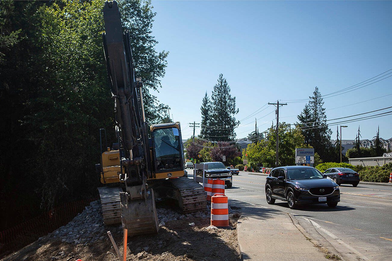 Culvert replacement under 128th Street SE and Highway 96 near McCollum Park in Martha Lake, Washington on Friday, July 21, 2023. (Annie Barker / The Herald)