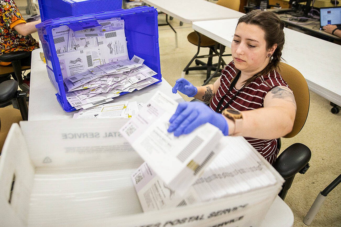Elections assistant Keri Gompf organizes ballots to be sorted on Tuesday, Aug. 1, 2023 in Everett, Washington. (Olivia Vanni / The Herald)