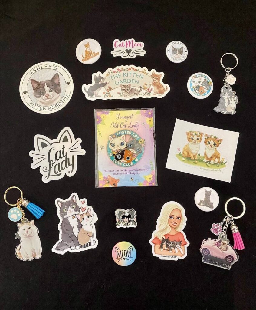 Youngest Old Cat Lady stickers, keychains and other items will be available at Seattle’s Sea-Meow Convention as a fundraiser in honor of Ashley Morrison, 31. (Photo provided by Cindi Morrison)
