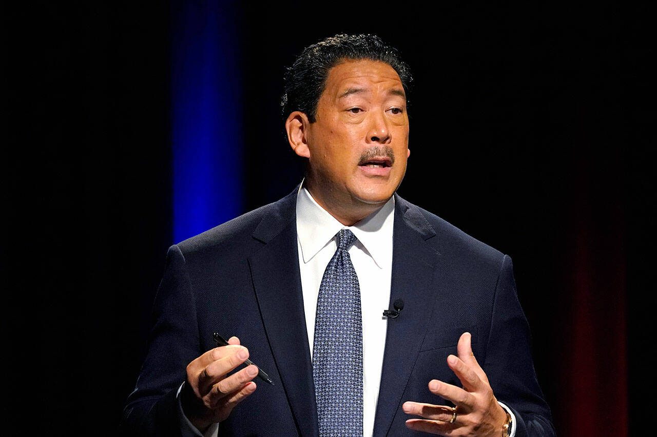 Seattle mayor Bruce Harrell speaks at a debate on Oct. 28, 2021, in Seattle, Washington. (AP Photo/Elaine Thompson, Pool, File)