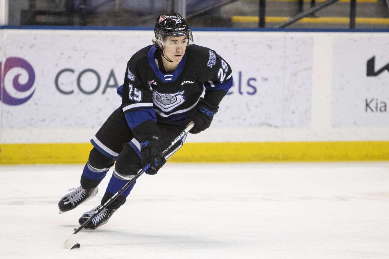 Forward Teague Patton, seen here during a game with the Victoria Royals, was acquired by the Silvertips in a trade on July 26, 2023. (Photo by Kevin Light)