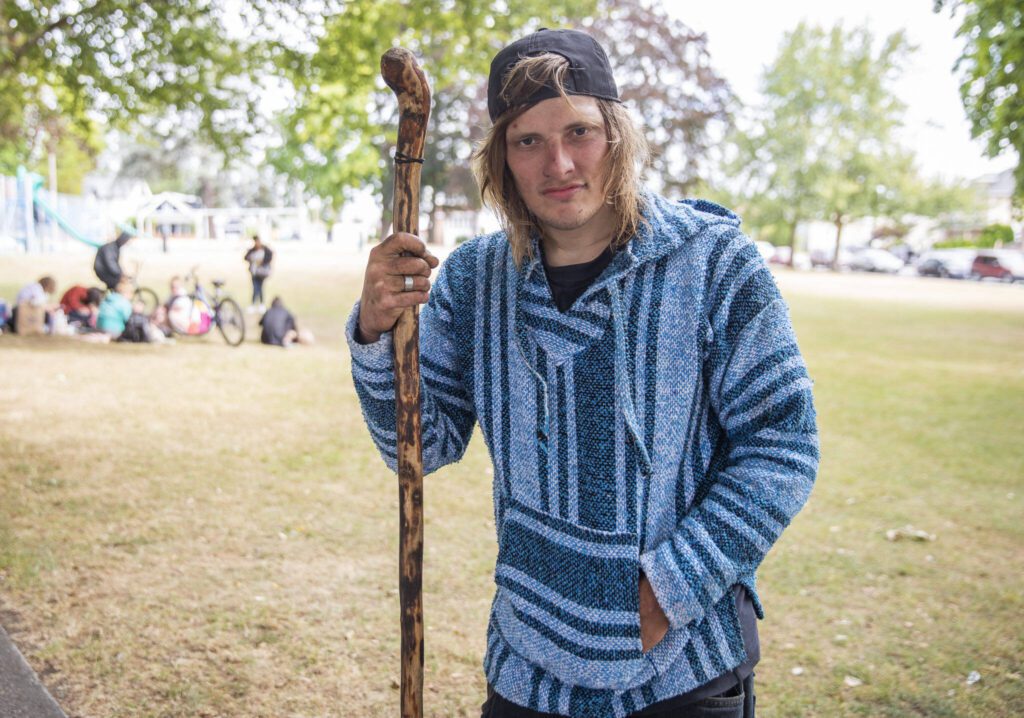 Nick Breda, who has been living on the streets for more than 2 years, shares his thoughts on the no sit, no lie buffer zones on Tuesday, Aug. 8, 2023 in Everett, Washington. (Olivia Vanni / The Herald)
