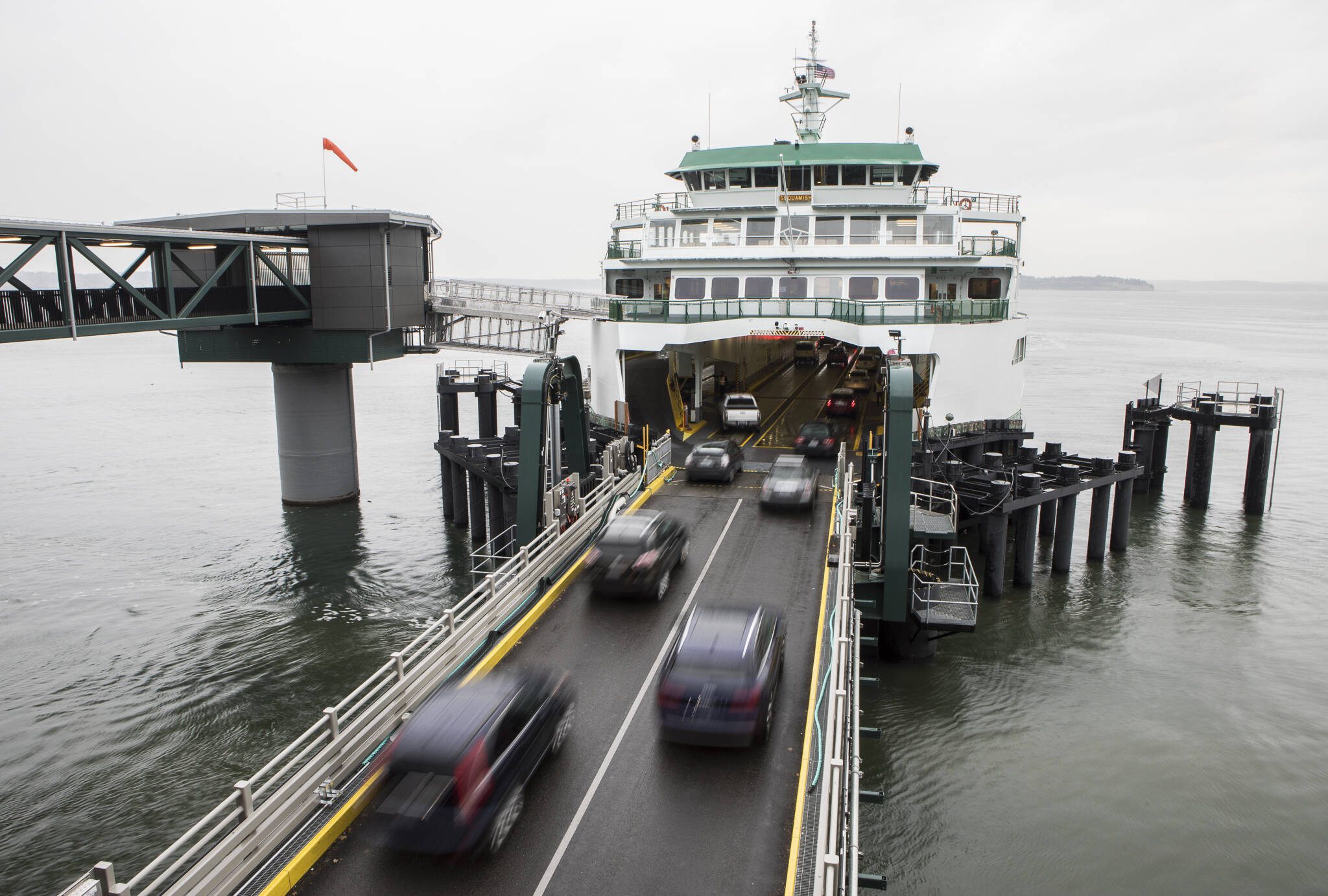 Cars drive onto the ferry at the Mukilteo terminal on Monday, Nov. 1, 2021 in Mukilteo, Washington. (Olivia Vanni / The Herald)