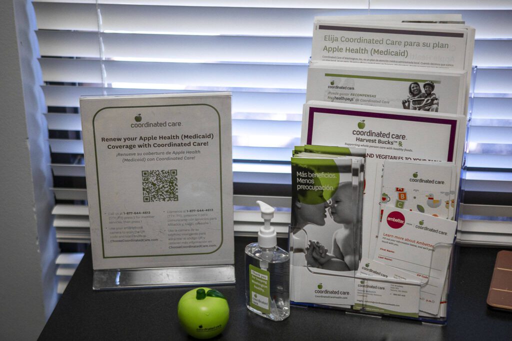 Information about health insurance is displayed at Connect Casino Road in Everett, Washington on Tuesday, Aug. 15, 2023. (Annie Barker / The Herald)
