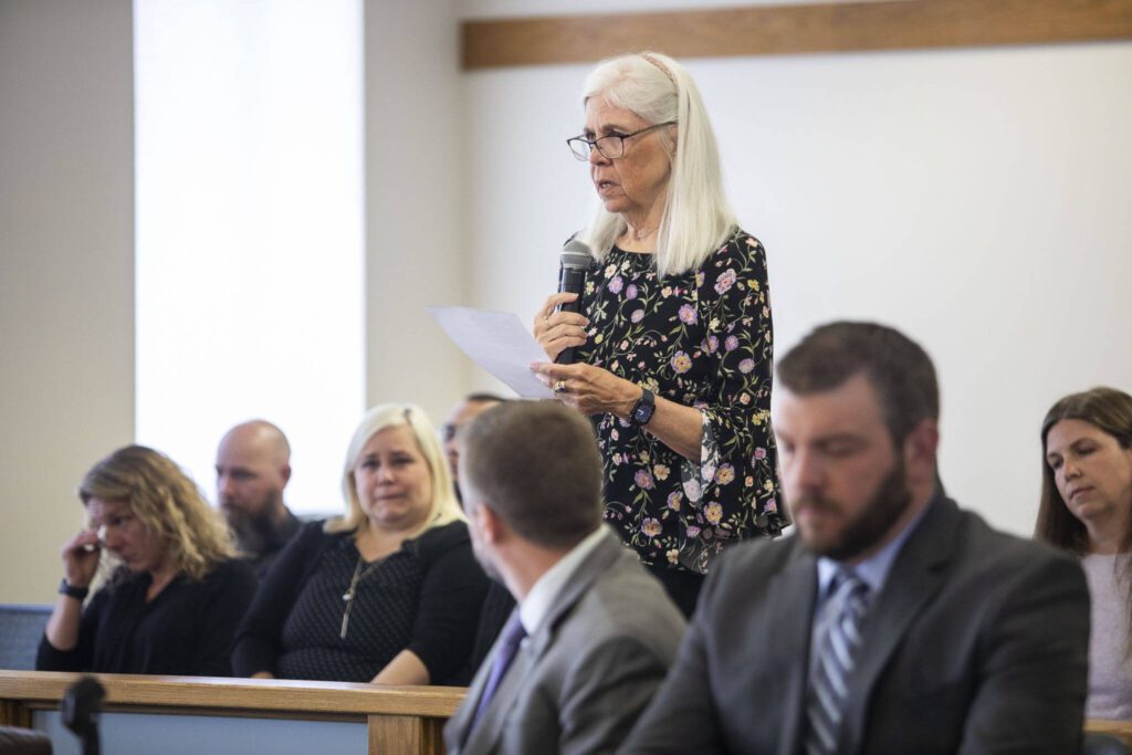 Nathaniel Allen’s mother reads a statement to the court on behalf of her son during his sentencing on Tuesday, Aug. 8, 2023 in Everett, Washington. (Olivia Vanni / The Herald)
