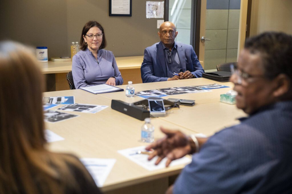U.S. Congresswoman Suzan DelBene, left, listens while people talk about the improvements Homage will make to transportation for seniors around Snohomish County on Monday, Aug. 14, 2023 in Lynnwood, Washington. (Olivia Vanni / The Herald)
