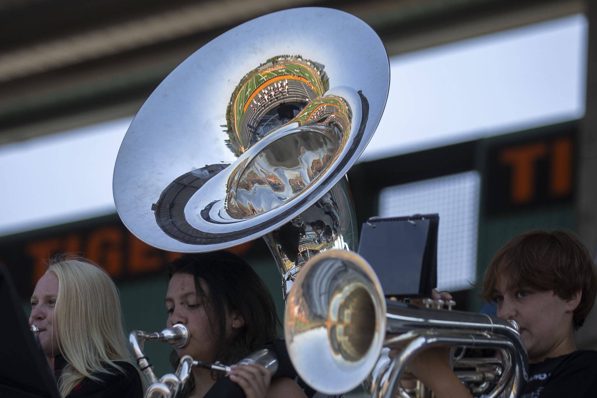 The Granite Falls marching band perform during a soft opening for the new track and field at Granite Falls High School in Granite Falls, Washington on Monday, Aug. 14, 2023. (Annie Barker / The Herald)