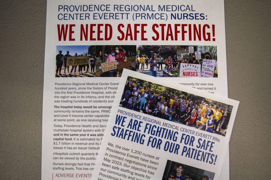 Information on safe staffing at a Town Hall with UFCW 3000 Nurses at Providence Regional Medical Center at the Everett Labor Temple in Everett, Washington on Wednesday, Aug. 16, 2023. (Annie Barker / The Herald)
