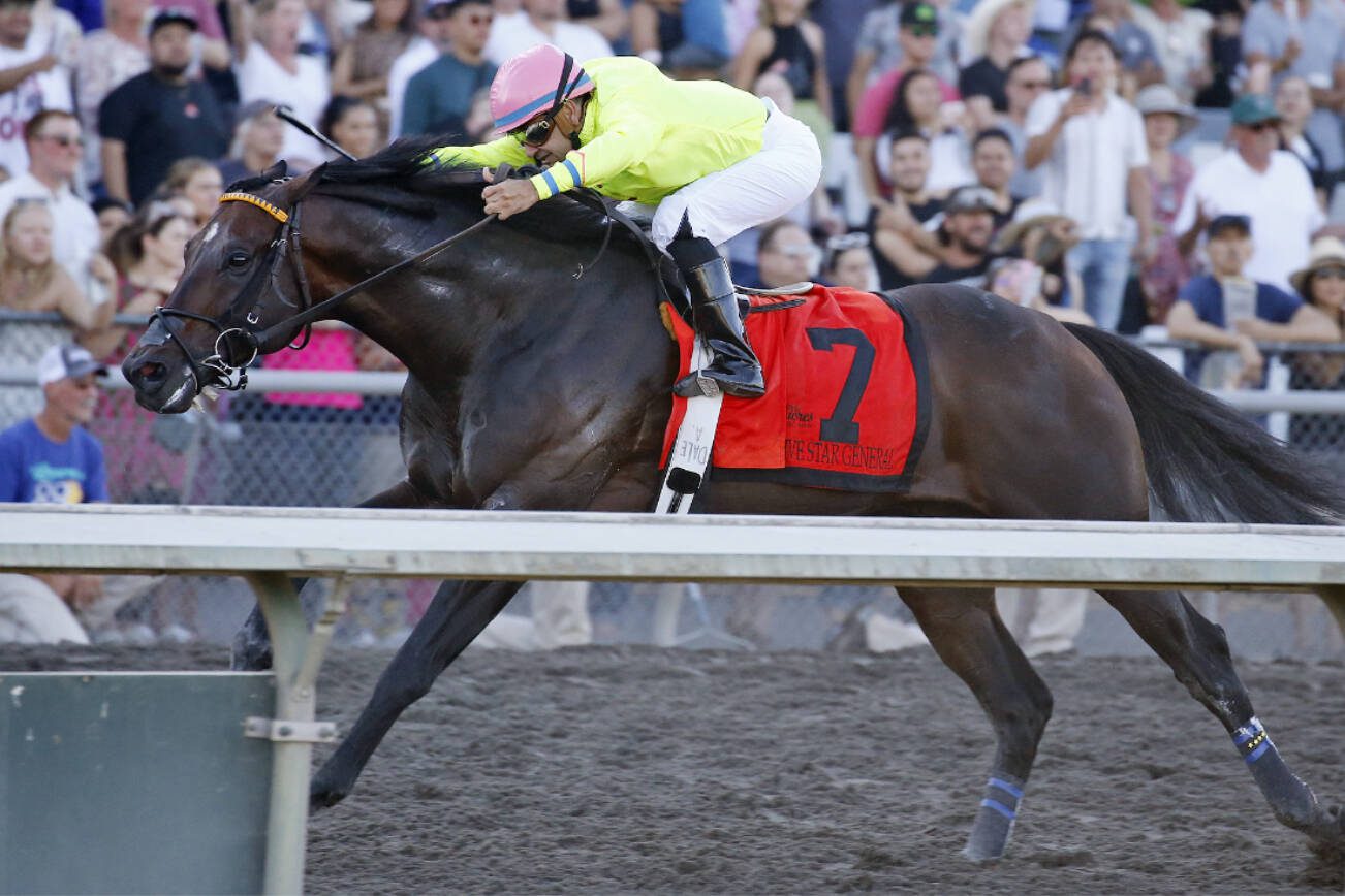 Five Star General races during the Longacres Mile at Emerald Downs in Auburn on Sunday, Aug. 13, 2023. (Photo courtesy of Emerald Downs)