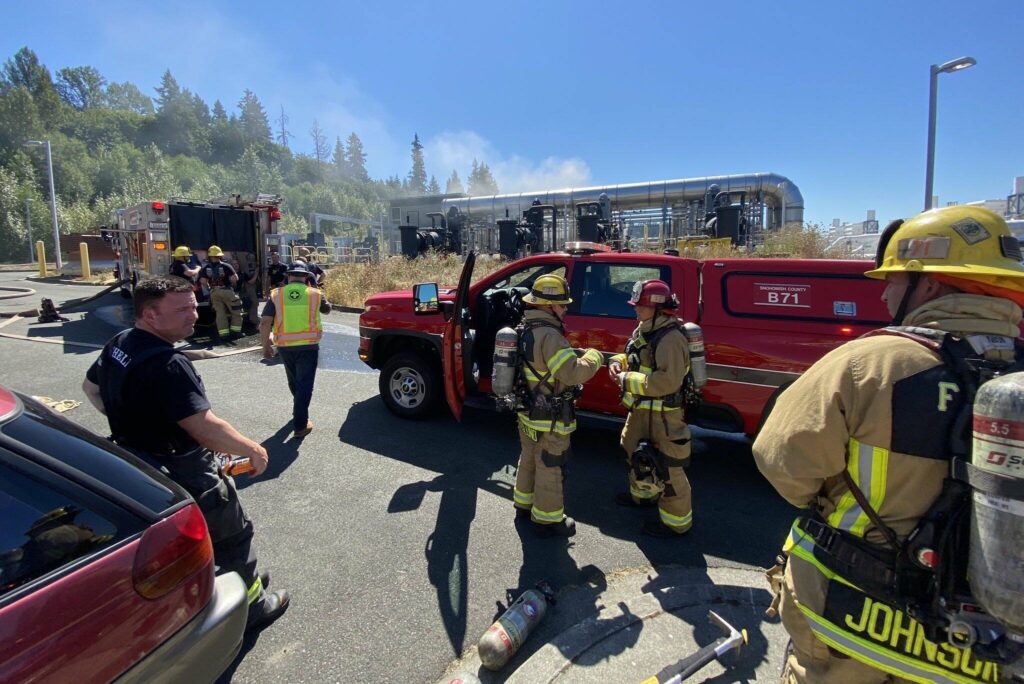 Snohomish regional fire and rescue respond to a fire at the Brightwater Treatment plant on Tuesday, August 15, 2023 in Woodinville, Washington. (Photo provided by Snohomish Regional Fire & Rescue)
