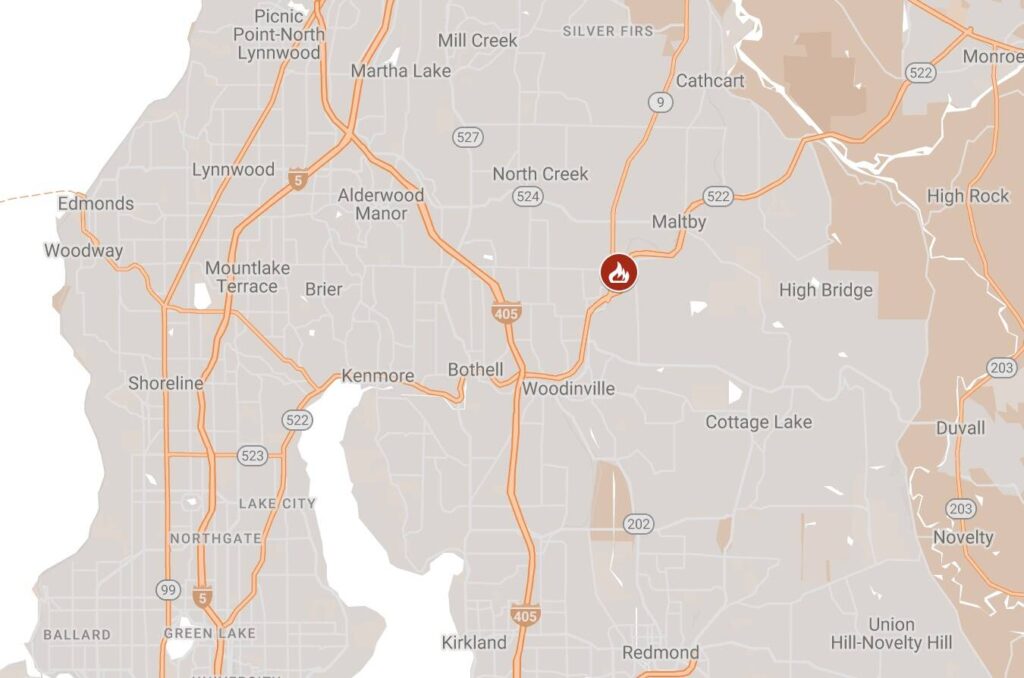 This map shows the approximate location of a fire at the Brightwater Treatment Plant near Woodinville on Tuesday.

