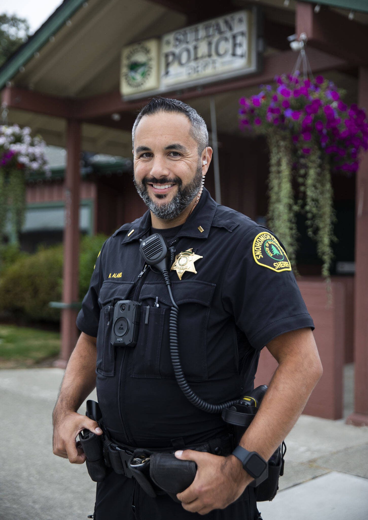 Lt. Nathan Alanis, the new Snohomish police chief, outside of the Sultan Police Department on Monday, Aug. 28, 2023, in Sultan, Washington. (Olivia Vanni / The Herald)
