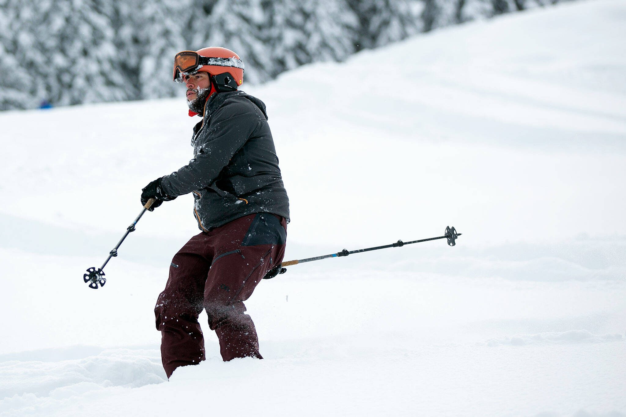 A skier heads down the mountain on the opening day of ski season at Stevens Pass Resort on Friday, Dec. 2, 2022, near Skykomish, Washington. (Ryan Berry / The Herald)