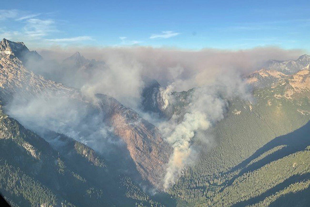 Several fires in the Glacier Peak Wilderness are ongoing as of Wednesday, Aug. 16, 2023. The Dome Peak fire grew to more than 750 acres in recent days. (Mt. Baker-Snoqualmie National Forest)