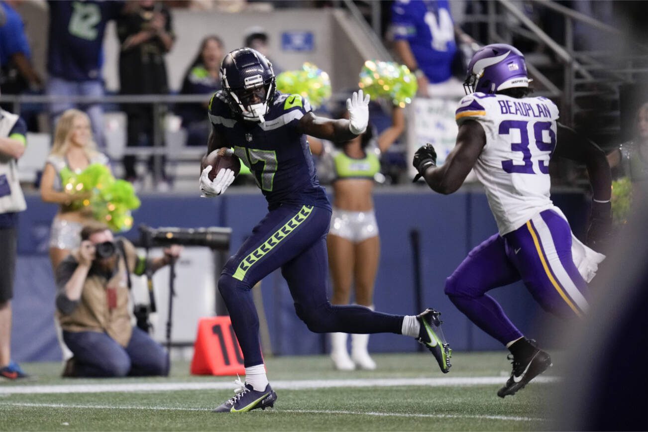 Seattle Seahawks wide receiver Matt Landers during the first half of an NFL football game against the Minnesota Vikings, Thursday, Aug. 10, 2023, in Seattle. (AP Photo/Gregory Bull)