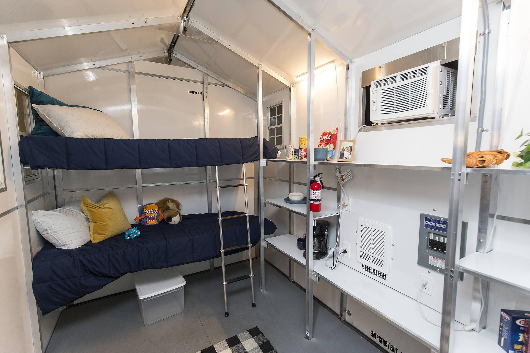The inside of a Pallet Shelter on Monday, June 7, 2021 in Everett, Washington. (Andy Bronson / The Herald)