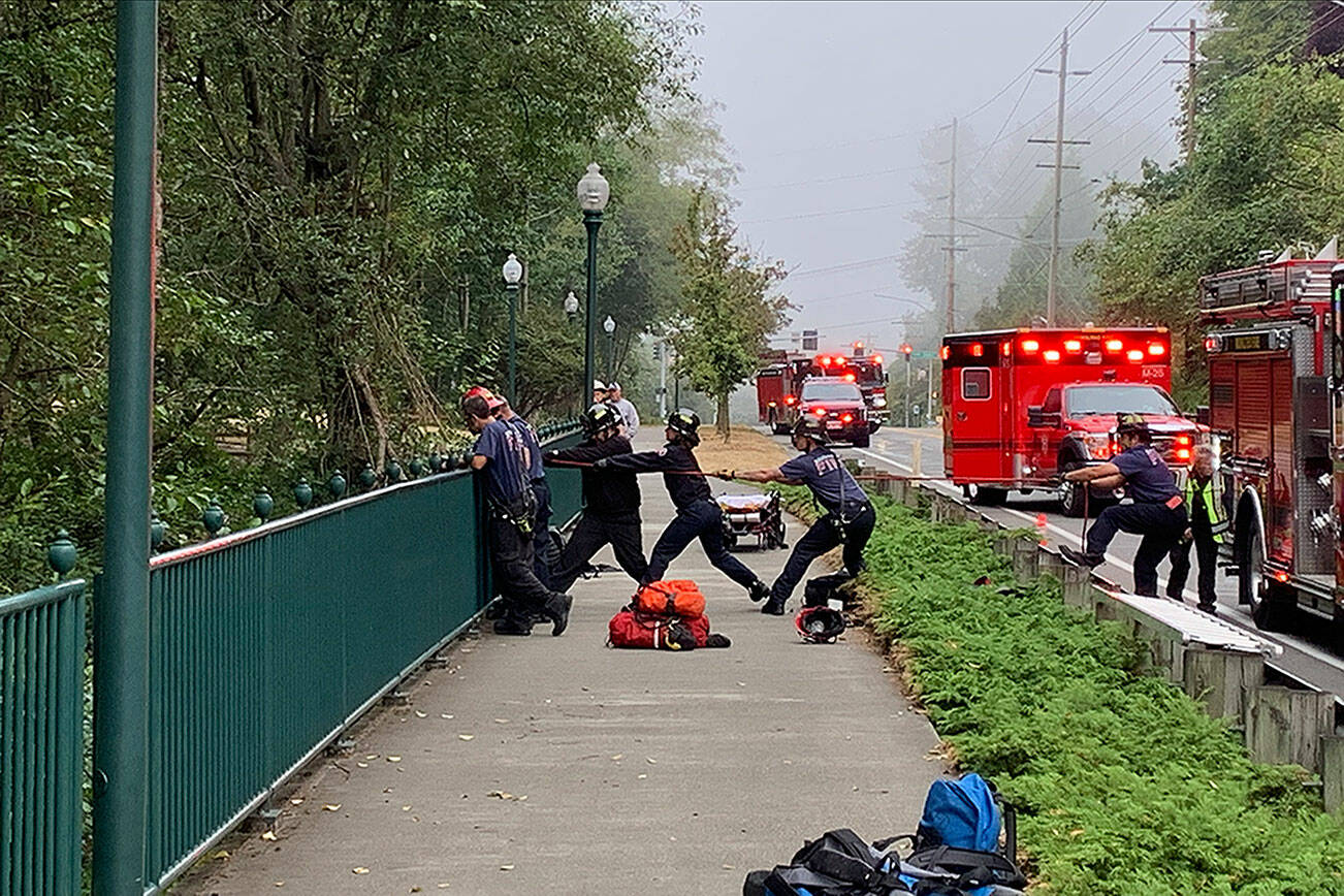 Firefighters performing a technical rescue to lift someone out of an embankment on Aug. 24, 2023, in Mukilteo, Washington. (Glen Albright / Mukilteo Fire Department)