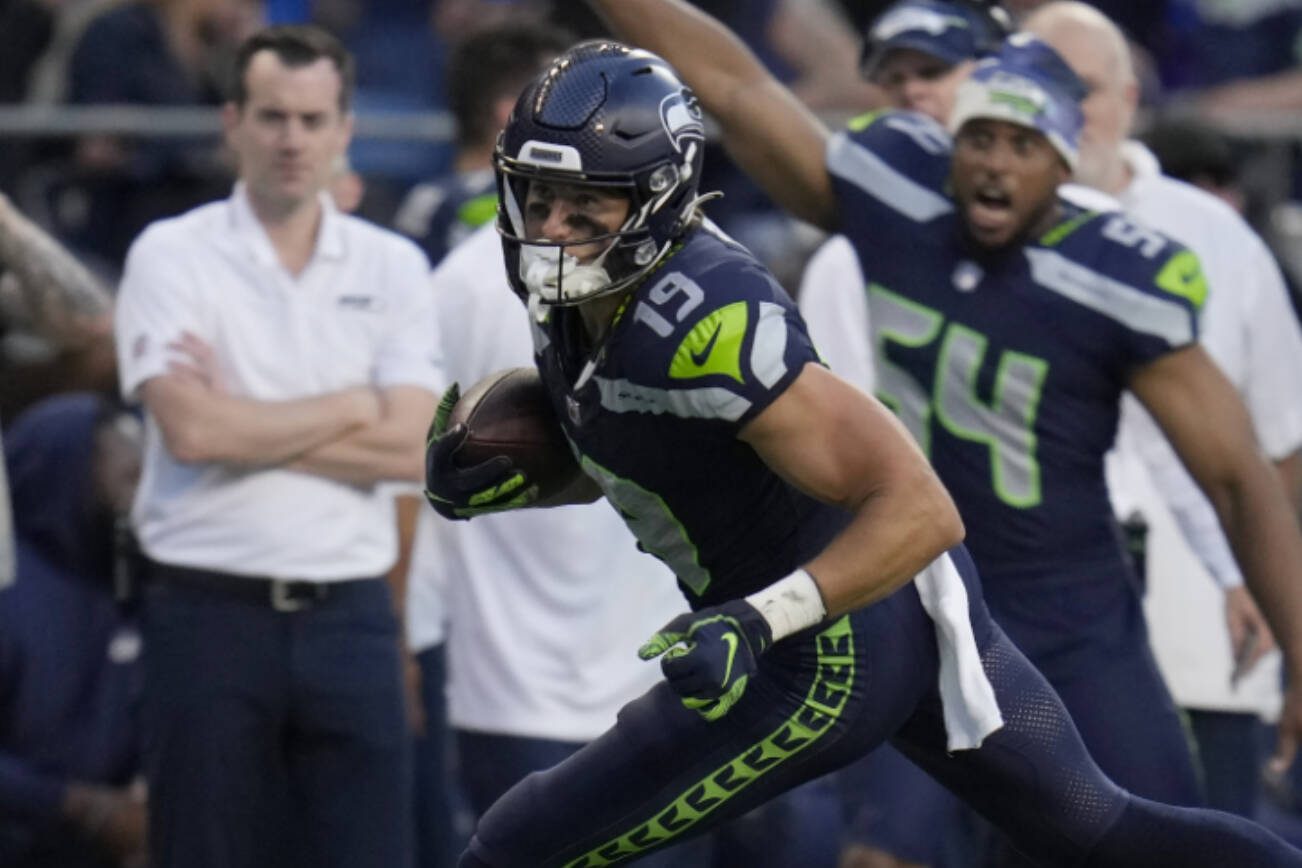 Seattle Seahawks wide receiver Jake Bobo (19) runs against the Minnesota Vikings during the first half of an NFL preseason football game in Seattle, Thursday, Aug. 10, 2023. (AP Photo/Gregory Bull)
