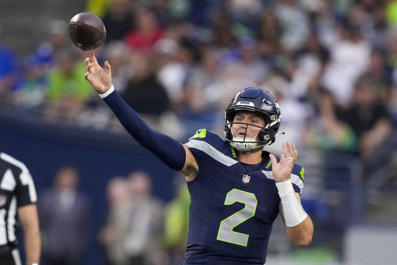 Seattle Seahawks quarterback Drew Lock passes against the Dallas Cowboys during the first half of a preseason NFL football game Saturday, Aug. 19, 2023, in Seattle. (AP Photo/Stephen Brashear)