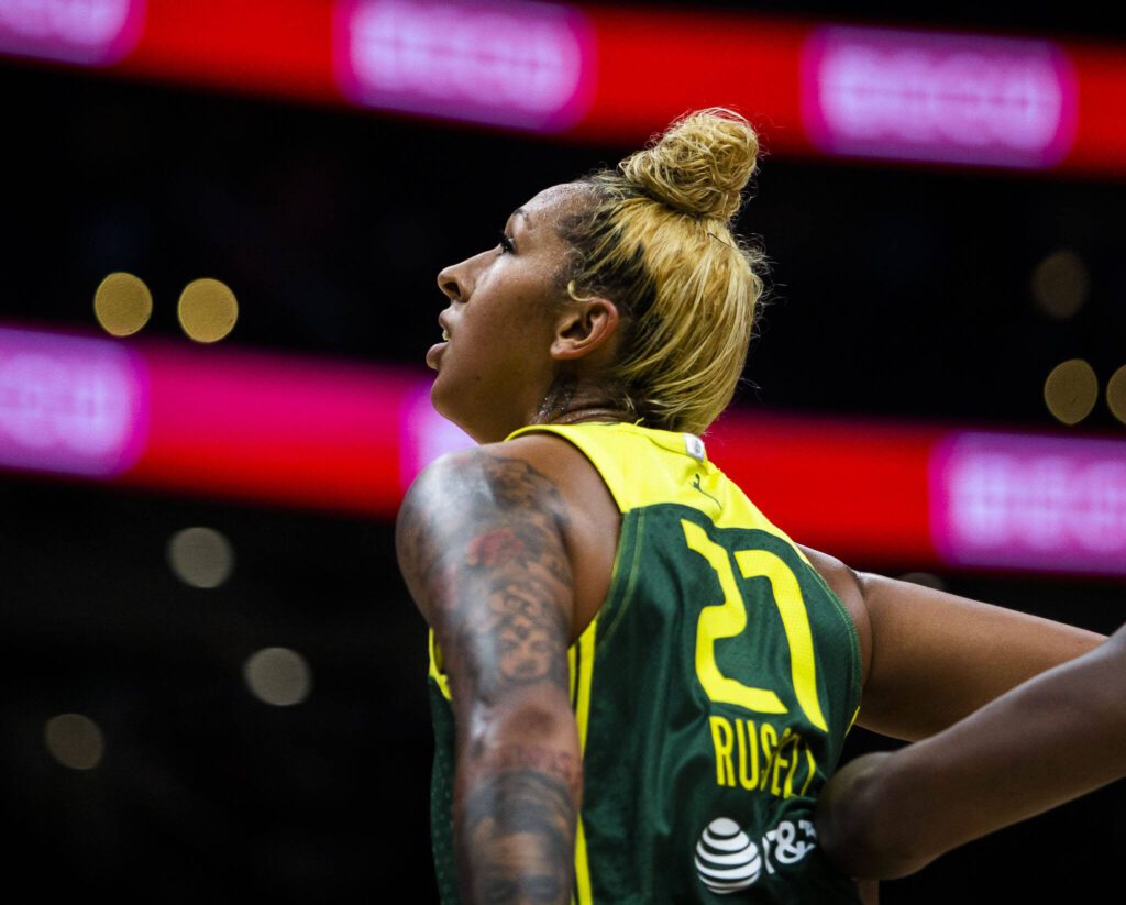 Seattle Storm’s Mercedes Russell watches a free-throw shot during the game against the Chicago Sky at Climate Pledge Arena on Sunday, Aug. 27, 2023 in Seattle, Washington. (Olivia Vanni / The Herald)