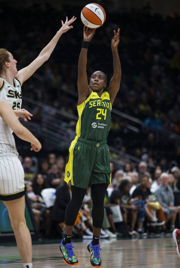 Seattle Storm’s Jewell Loyd attempts a three-point shot during the game against the Chicago Sky at Climate Pledge Arena on Sunday, Aug. 27, 2023 in Seattle, Washington. (Olivia Vanni / The Herald)