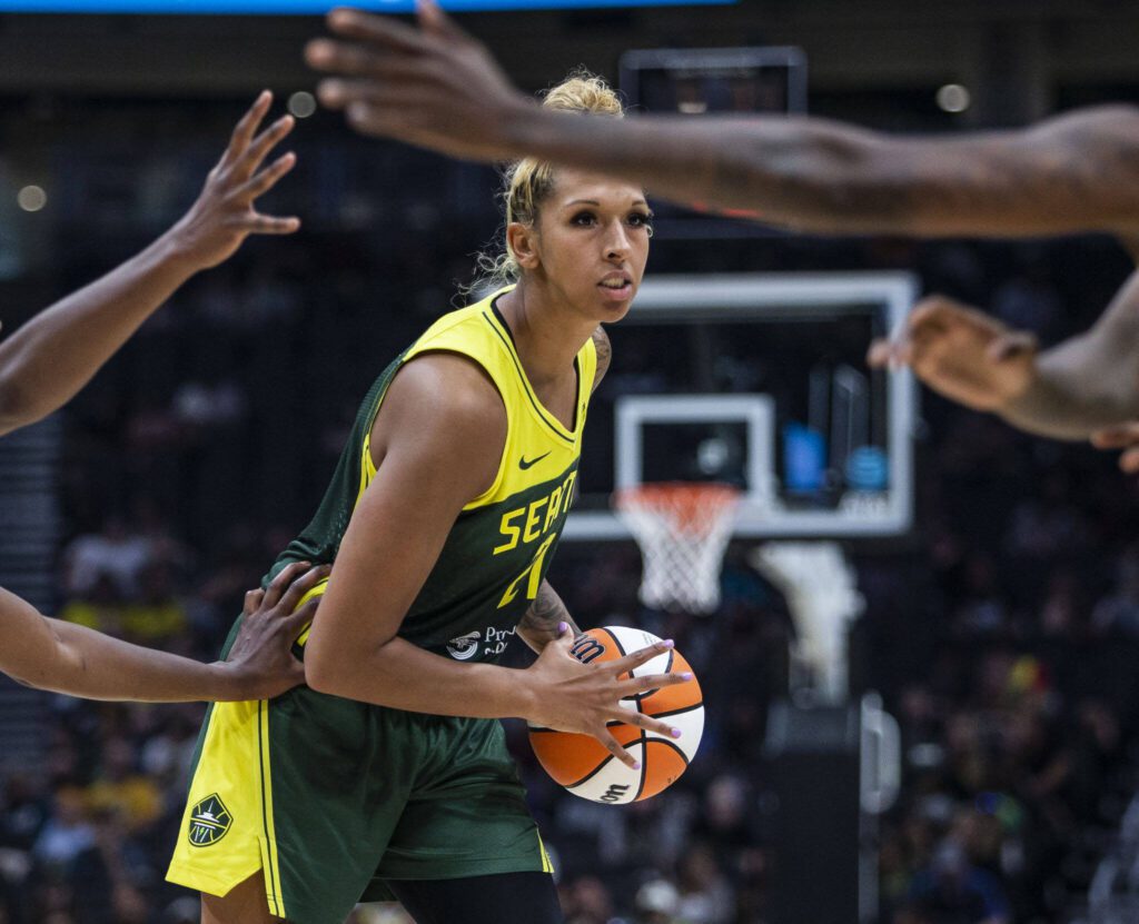 Seattle Storm’s Mercedes Russell looks for an open teammate to pass to during the game at Climate Pledge Arena on Sunday, Aug. 27, 2023 in Seattle, Washington. (Olivia Vanni / The Herald)