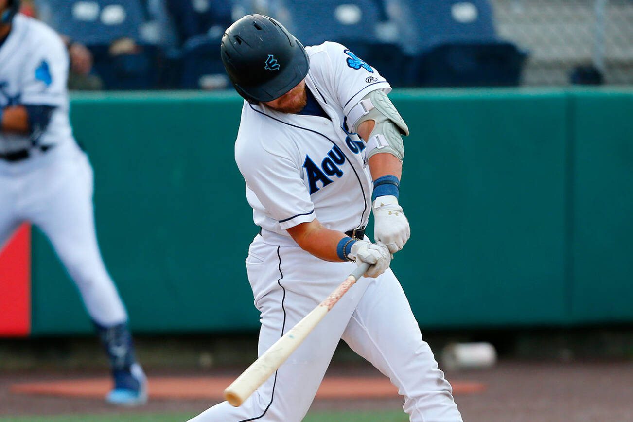 AquaSox infielder Hogan Windish swings at a pitch during a game against the Vancouver Canadians on Thursday, June 8, 2023, at Funko Field in Everett, Washington. (Ryan Berry / The Herald)