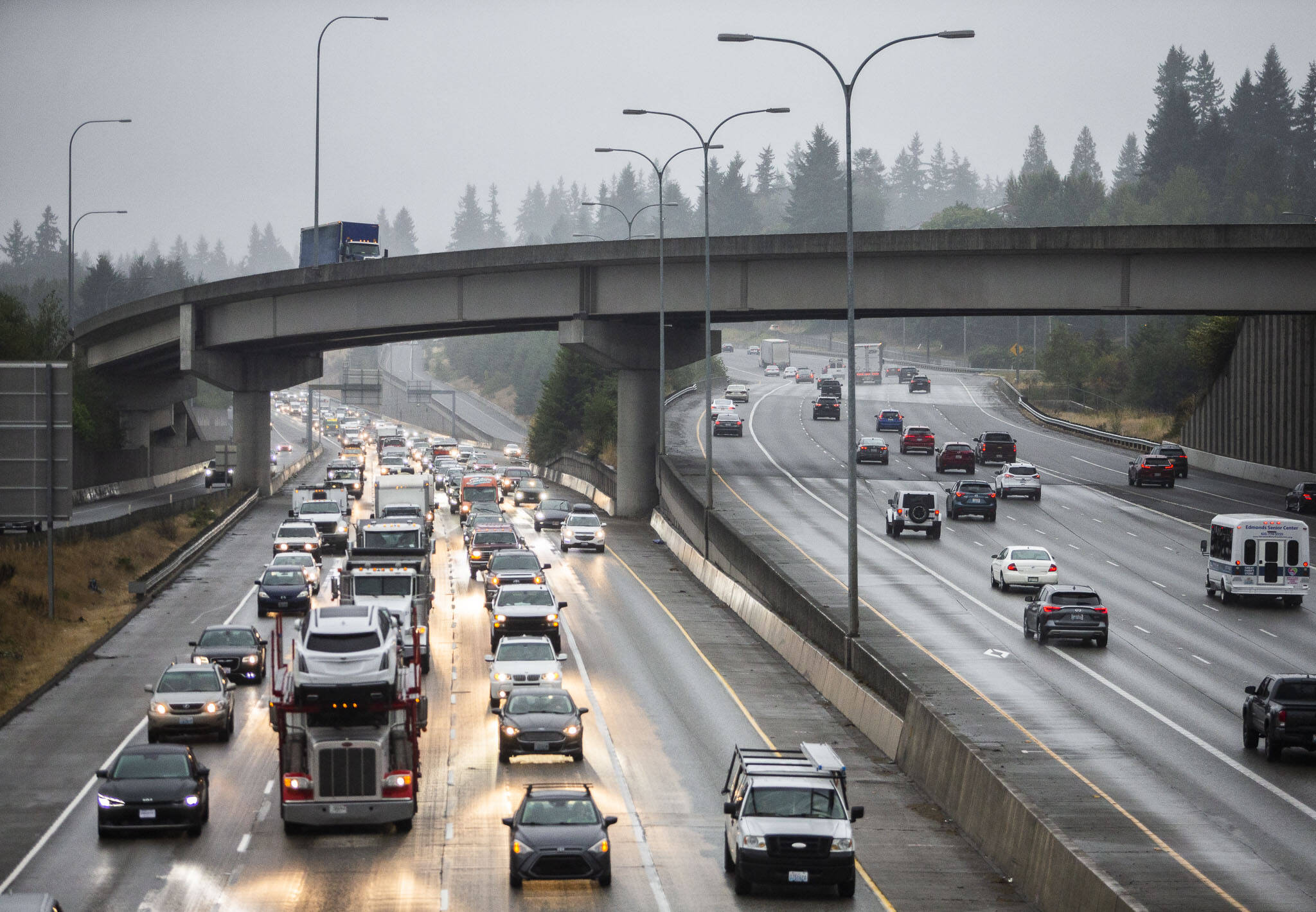 Traffic moves north and south along I-5 through Everett on Tuesday, Aug. 29, 2023. (Olivia Vanni / The Herald)