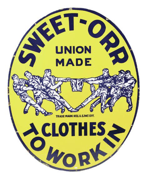 Sweet-Orr clothing was proudly made by workers, for workers. Their logo shows their clothes are strong enough to handle anything a worker, or group of workers, might put them through.