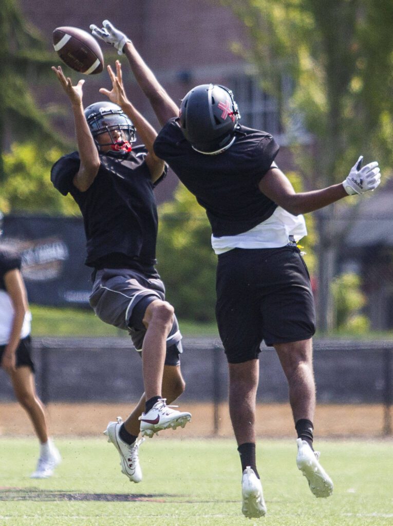 Archbishop Murphy’s Jaceer Brooks makes a catch during practice on Thursday, Aug. 24, 2023 in Everett, Washington. (Olivia Vanni / The Herald)
