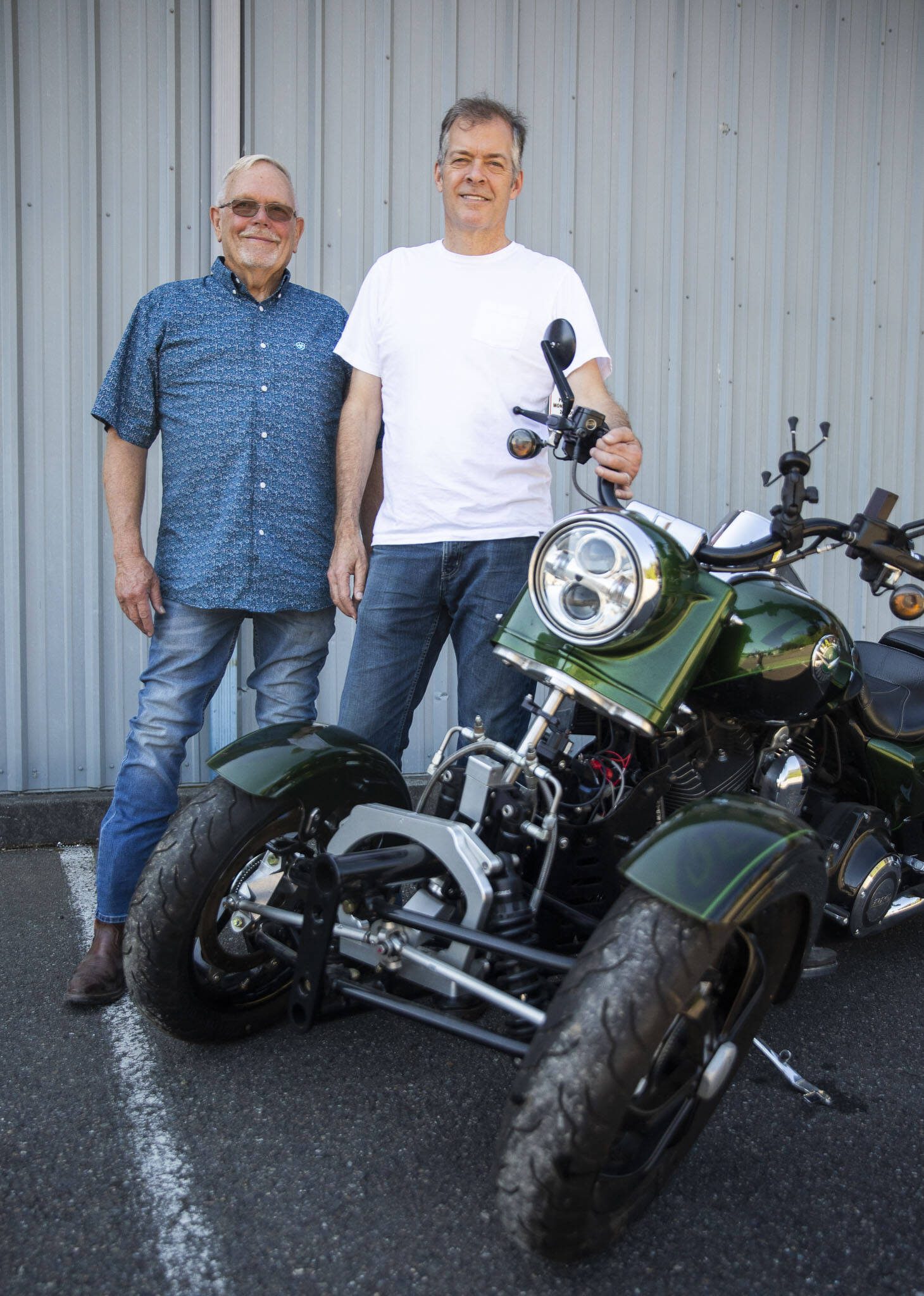 Orca Mobility designer Mike Lowell, left, and CEO Bill Messing at their office on Wednesday, Aug. 16, 2023 in Granite Falls, Washington. (Olivia Vanni / The Herald)