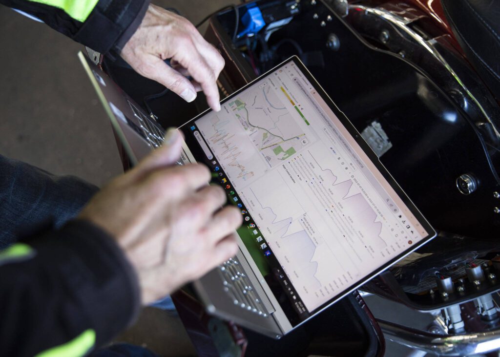 Bill Messing looks through data points collected through the prototype on Wednesday, Aug. 16, 2023 in Granite Falls, Washington. (Olivia Vanni / The Herald)
