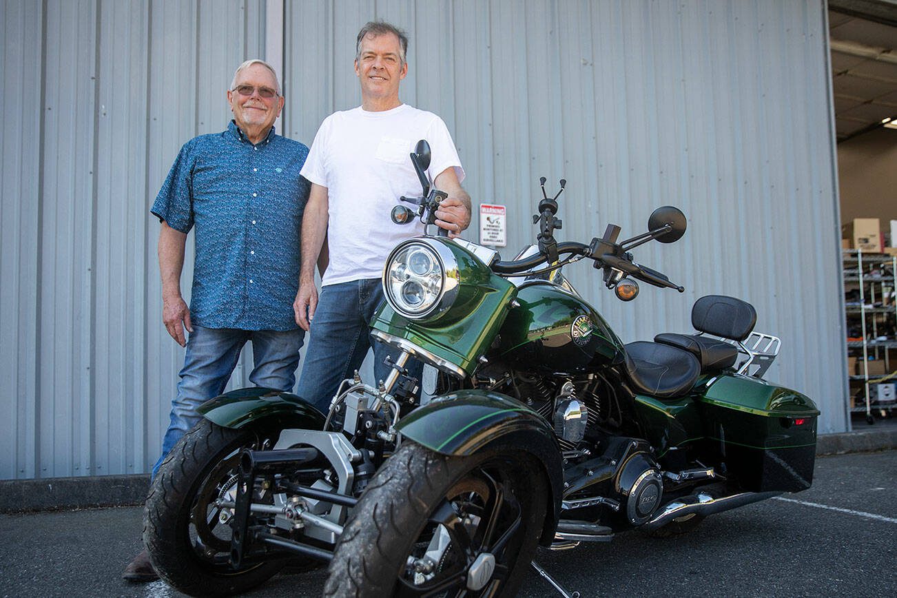 Orca Mobility designer Mike Lowell, left, and CEO Bill Messing at their office on Wednesday, Aug. 16, 2023 in Granite Falls, Washington. (Olivia Vanni / The Herald)