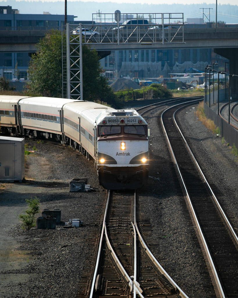 Amtrak Cascades train 517 to Portland arrives at Everett Station on Saturday, Sep. 2, 2023, in Everett, Washington. (Ryan Berry / The Herald)
