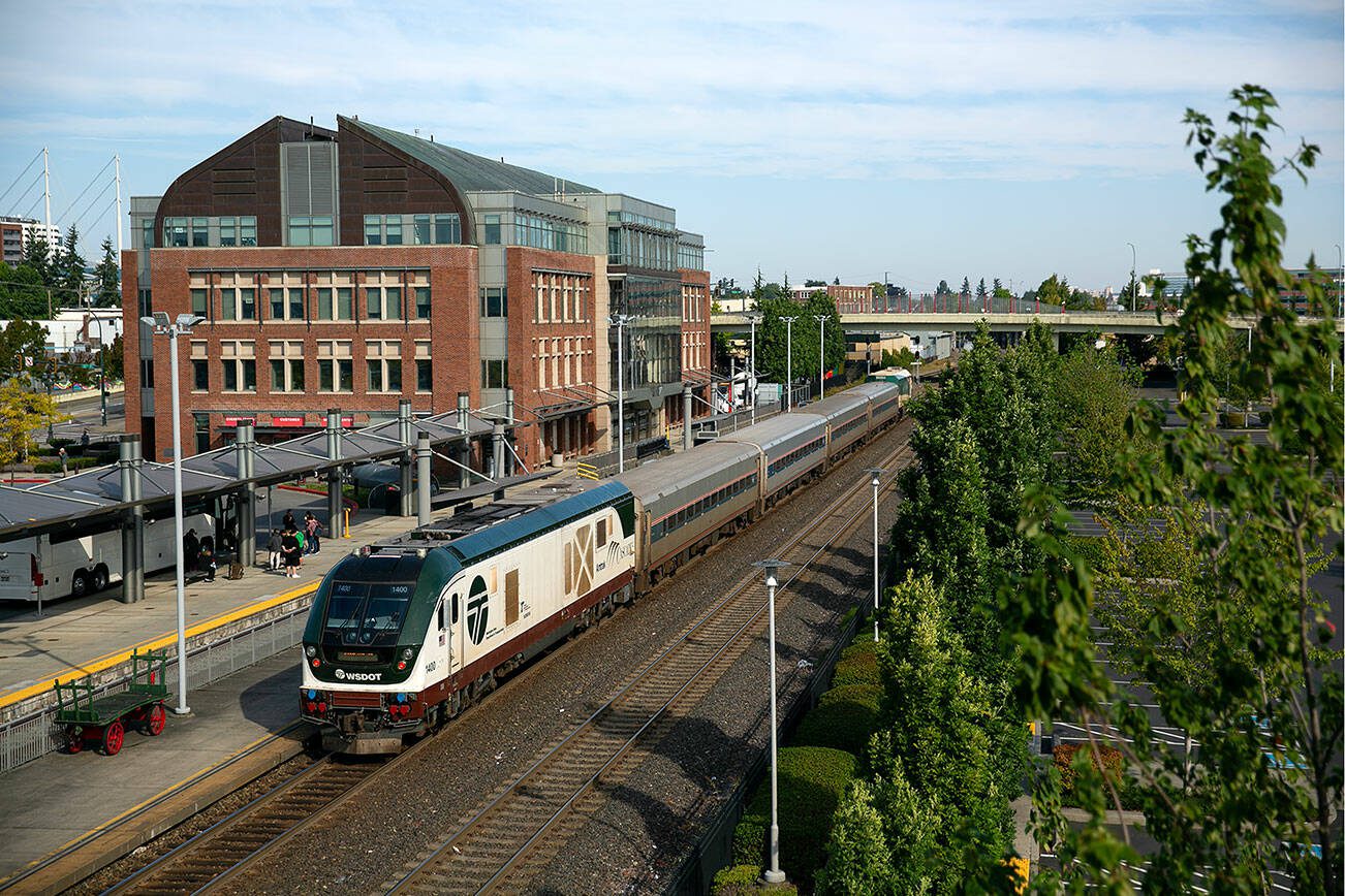 Amtrak Cascades train 517 to Portland departs from Everett Station on Saturday, Sep. 2, 2023, in Everett, Washington. (Ryan Berry / The Herald)