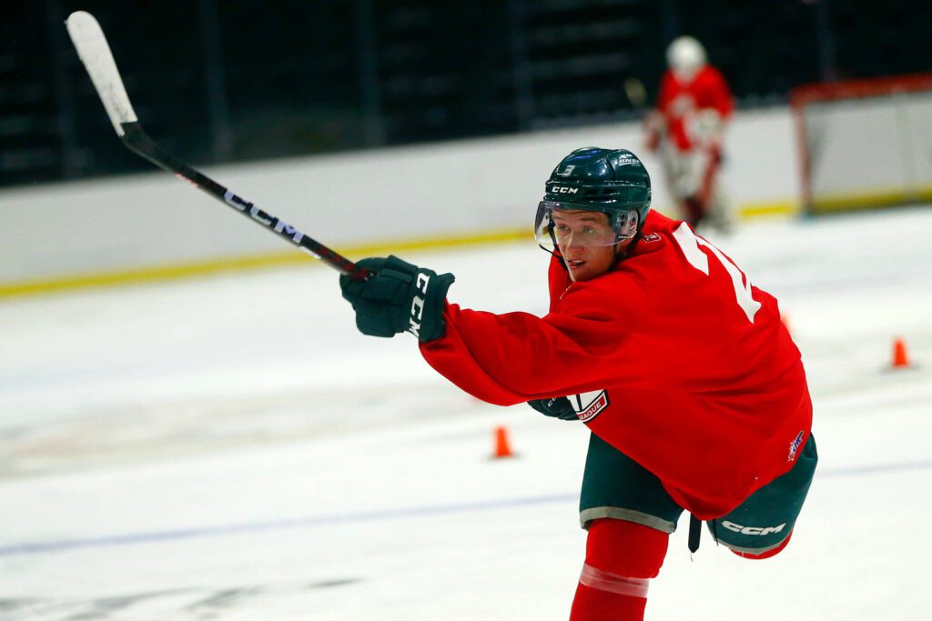 Connor Wolitski takes a shot during the first day of Silvertips training camp on Thursday, August 31, 2023, at Angel of the Winds Arena in Everett, Washington. (Ryan Berry / The Herald)
