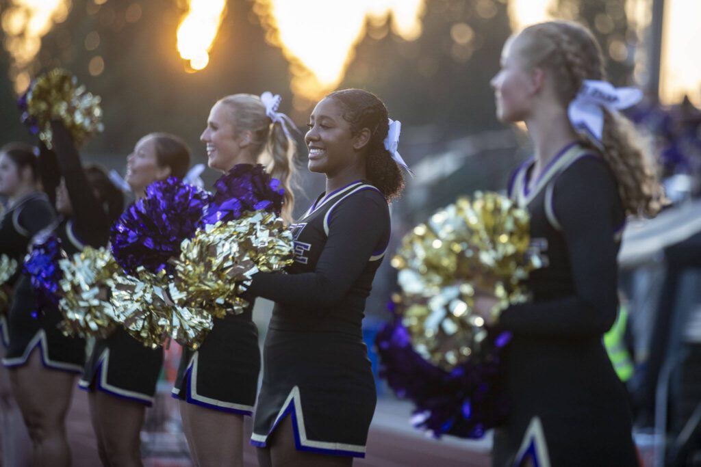 Lake Stevens cheerleaders perform during a football game between Lake Stevens and Garfield at Lake Stevens High School in Lake Stevens, Washington on Friday, Sept. 1, 2023. The Vikings won 48-21. (Annie Barker / The Herald)
